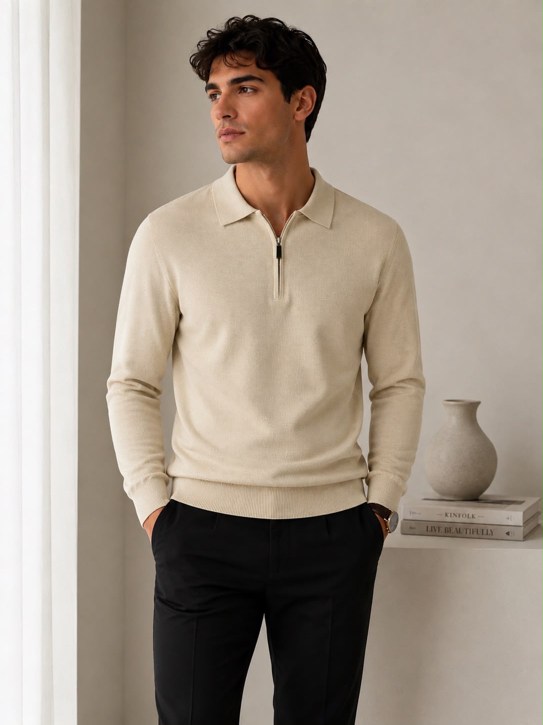 Camisa Polo Tricô Manga Longa Zíper Off-White